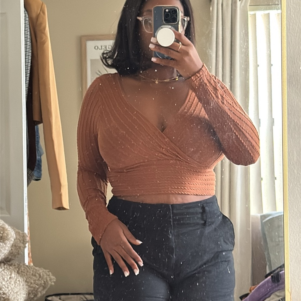 Brown Ribbed Wrap Top - Picture 2 of 2